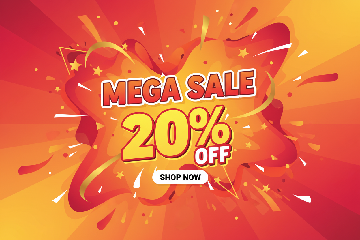 creat a image banner of mega  sale  20 % off text include . make it